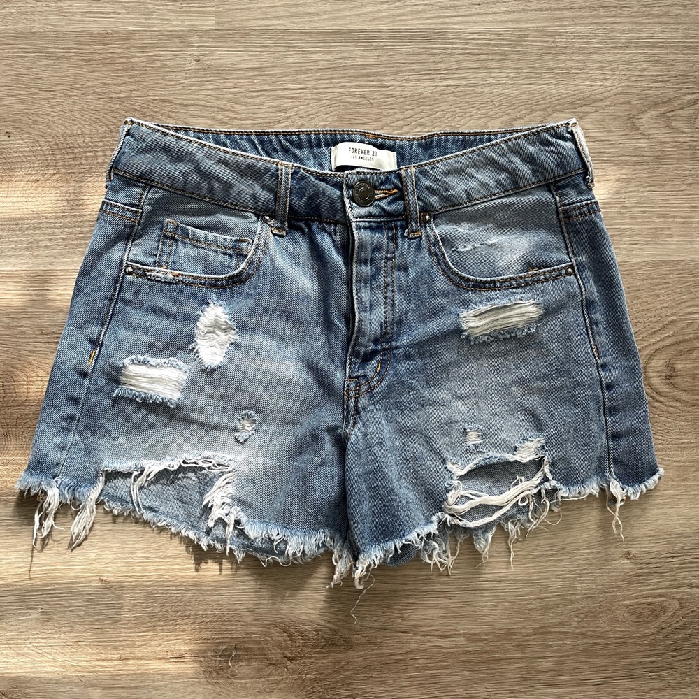 Forever 21 Womens Shorts Size 25 Blue Medium Wash Denim Distressed Hot Pants